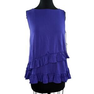 SUSANA MONACO Purple Top Stretch Boat Sleeveless Ruffle Edge Pullover Small NEW